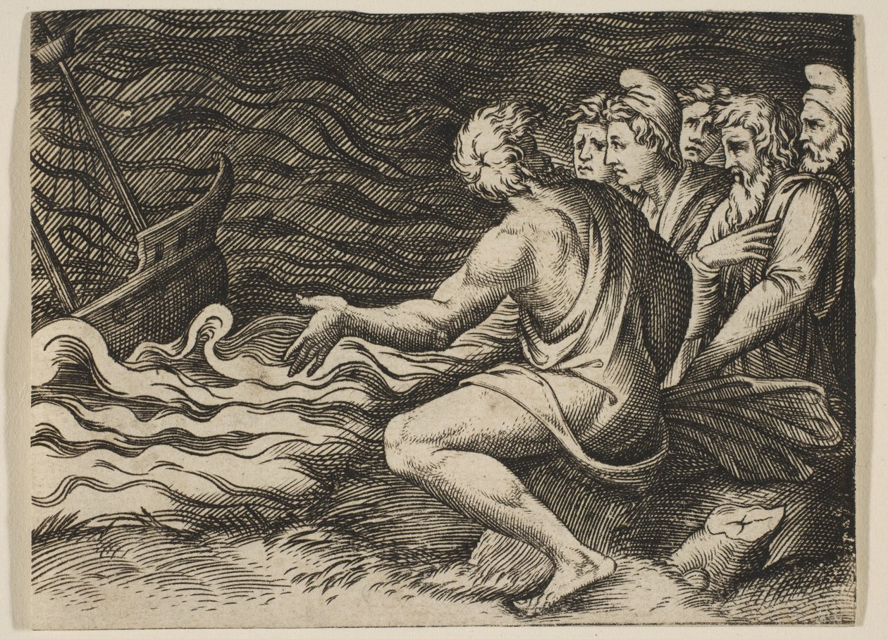En gruppe figurer til høyre som er vitne til et forlis, ca. 1515-27. av Marco Dente