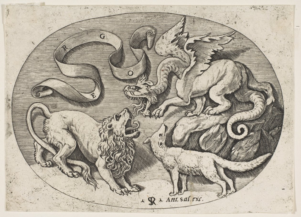 En løve, drage og rev som kjemper mot hverandre, en påskrevet banderole over, en oval c..., ca. 1515-27. av Marco Dente