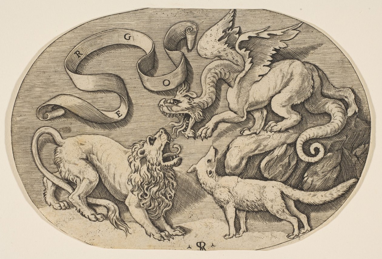 En løve, drage og rev som kjemper mot hverandre, en påskrevet banderole over, en oval c..., ca. 1515-27. av Marco Dente