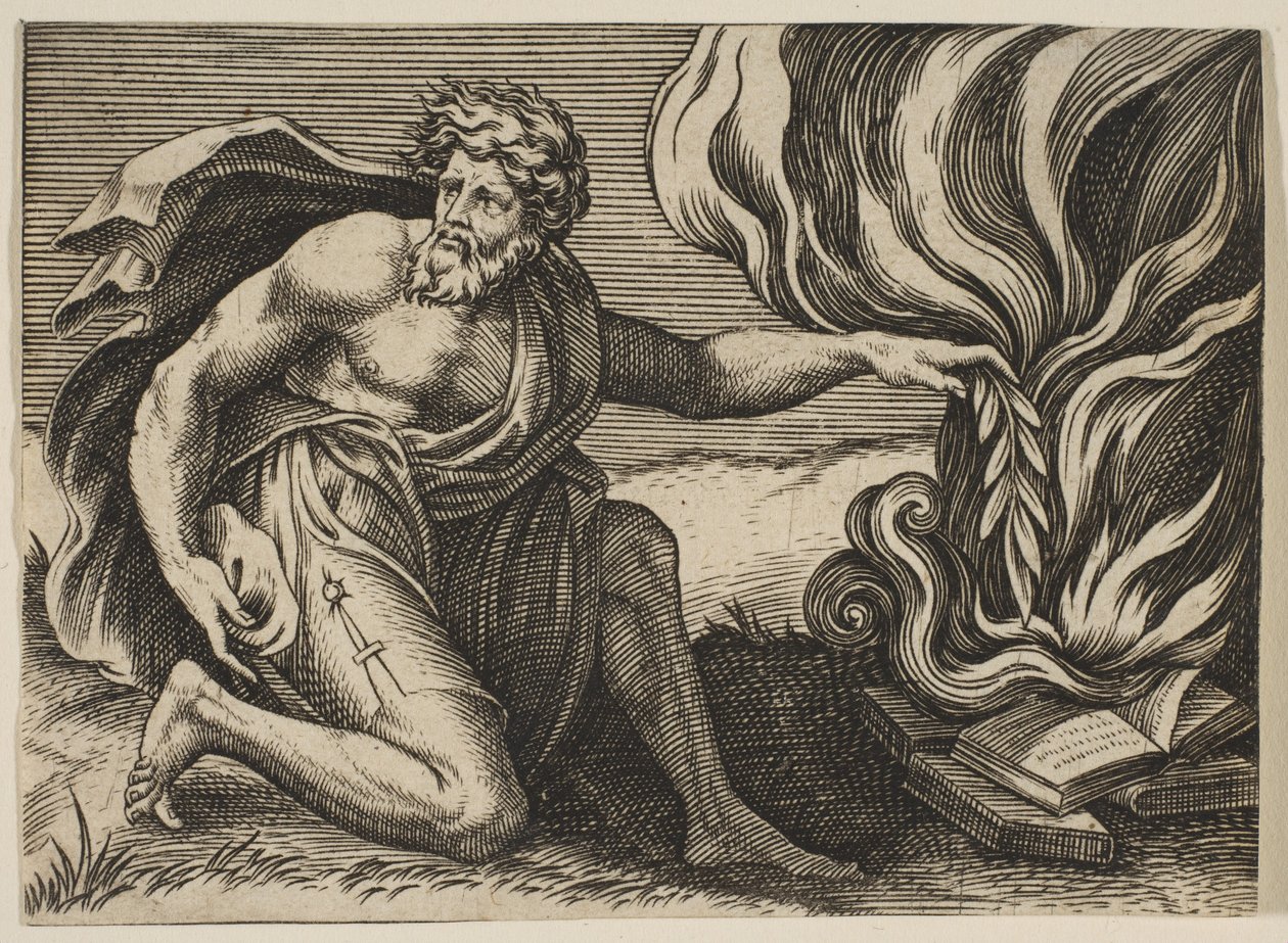 En mann som kneler og legger en laurbærgren på en haug med brennende bøker, ca. 1515-27. av Marco Dente