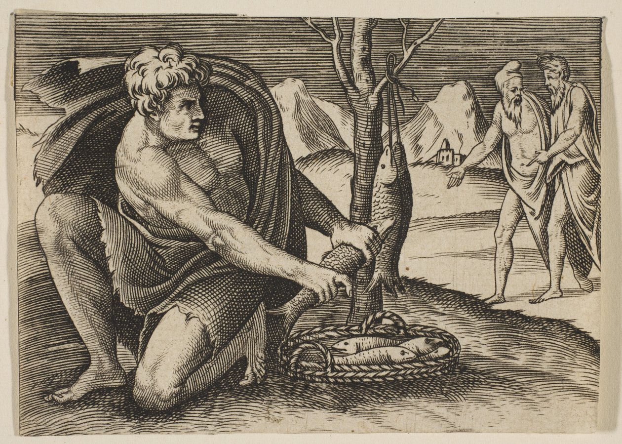 En mann som kneler ved siden av en kurv med fisk og tar en med begge hender, to menn ved ..., ca. 1515-27. av Marco Dente