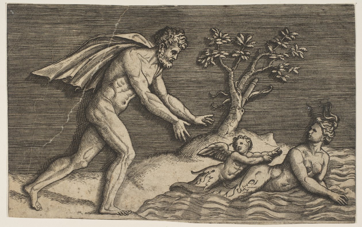 En naken mann som jager en naiad og en amor ned i vannet, ca. 1515-27. av Marco Dente