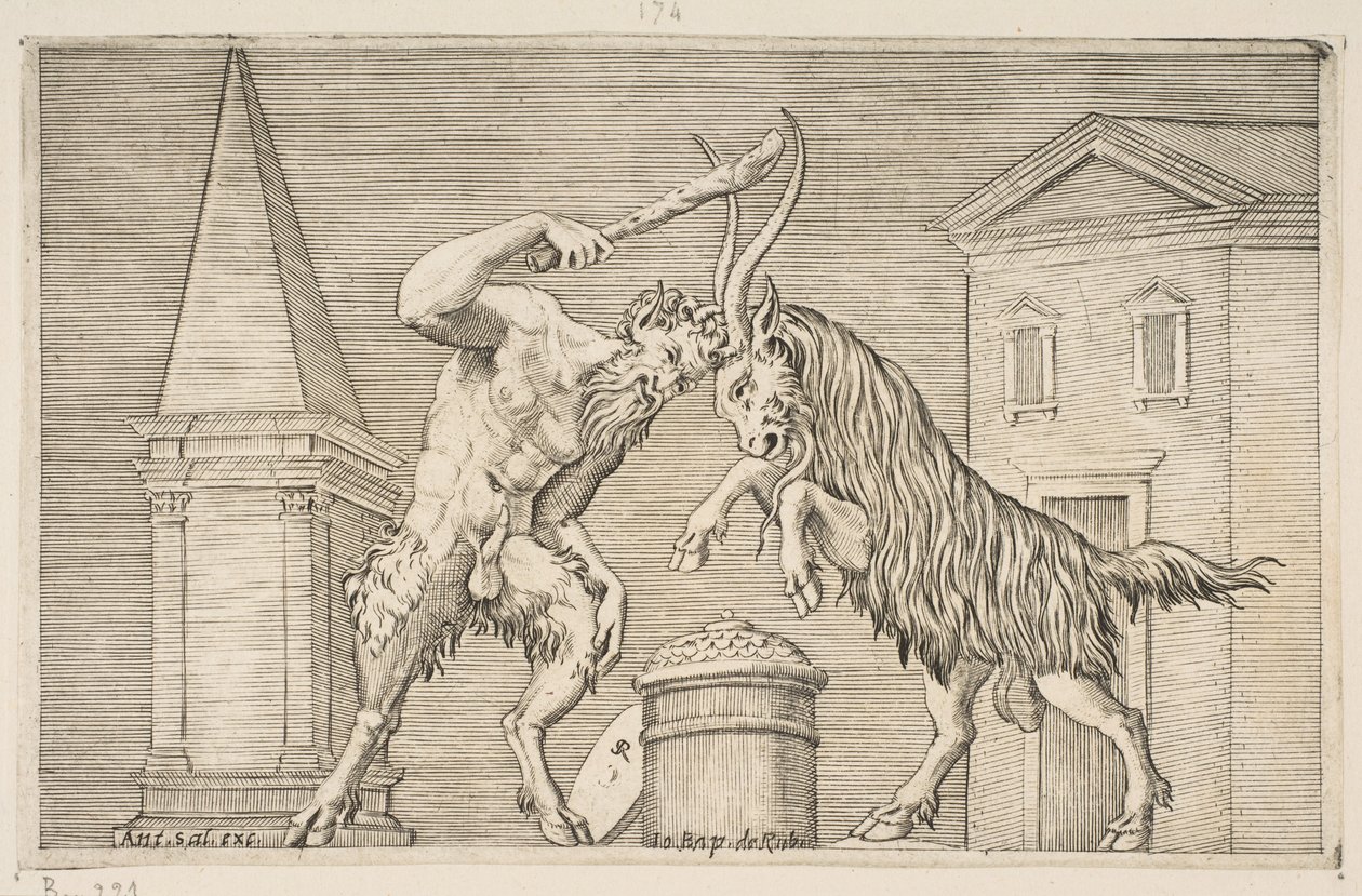 En satyr og en vær angriper hverandre, satyren svinger en kølle med sin høyre ha..., ca. 1515-27. av Marco Dente