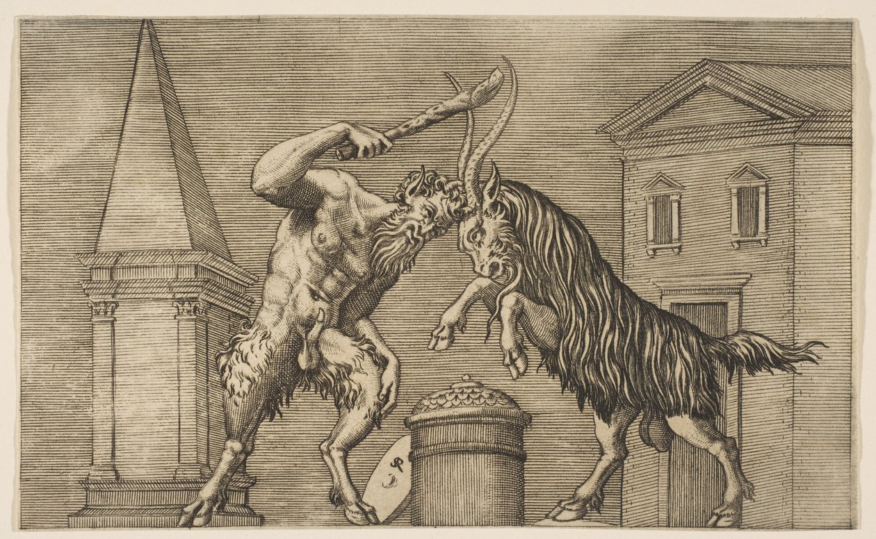 En satyr og en vær angriper hverandre, satyren svinger en kølle med sin høyre ha..., ca. 1515-27. av Marco Dente