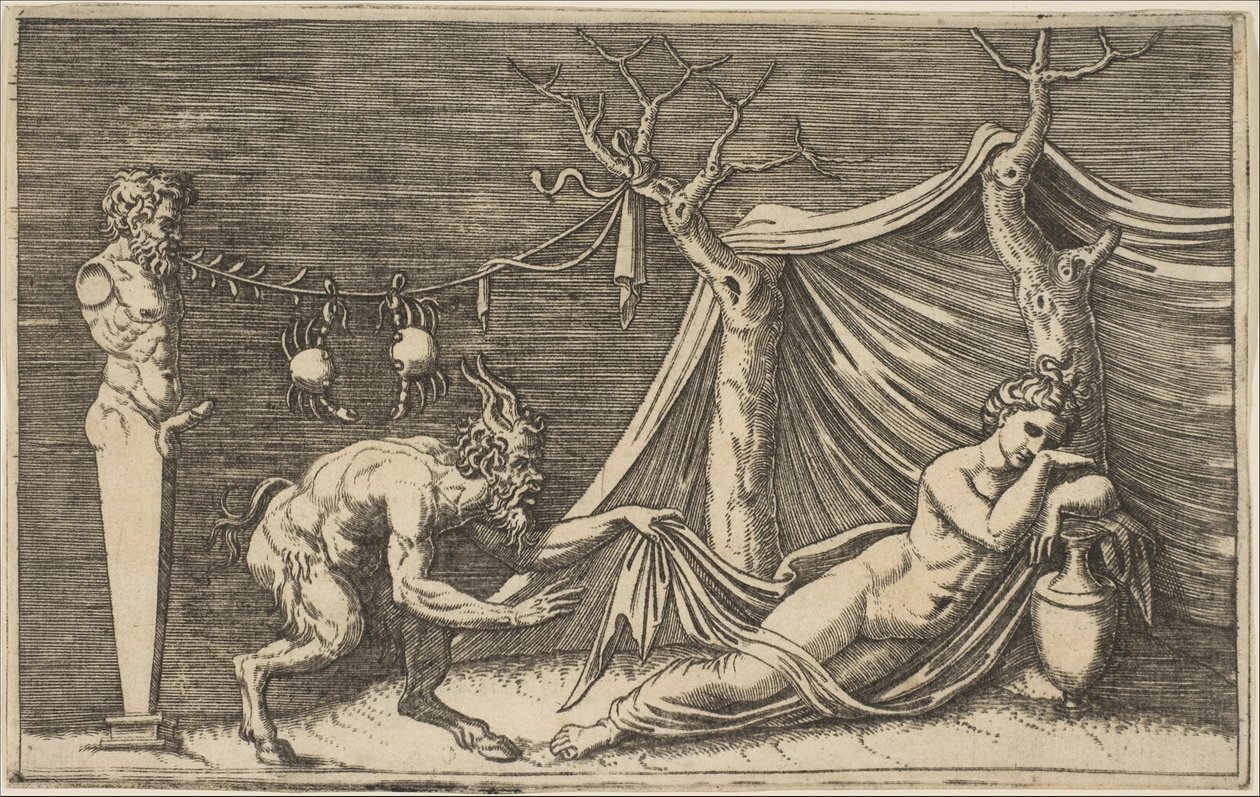 En satyr som oppdager en sovende kvinne, to krabber hengende i et tau som er spent..., ca. 1515-27. av Marco Dente