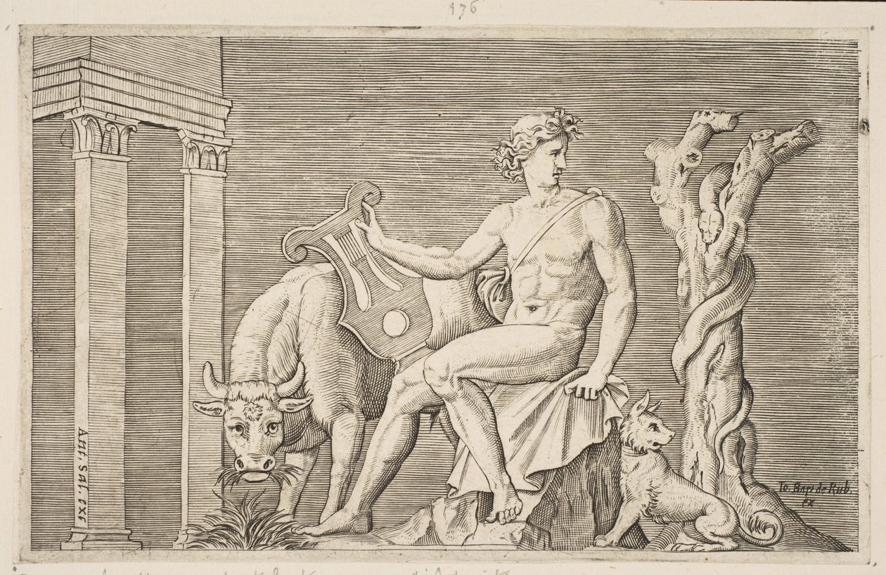 Apollo passet flokkene til Admetus, Apollo sittende med en lyre og flankert av en..., ca. 1515-27. av Marco Dente