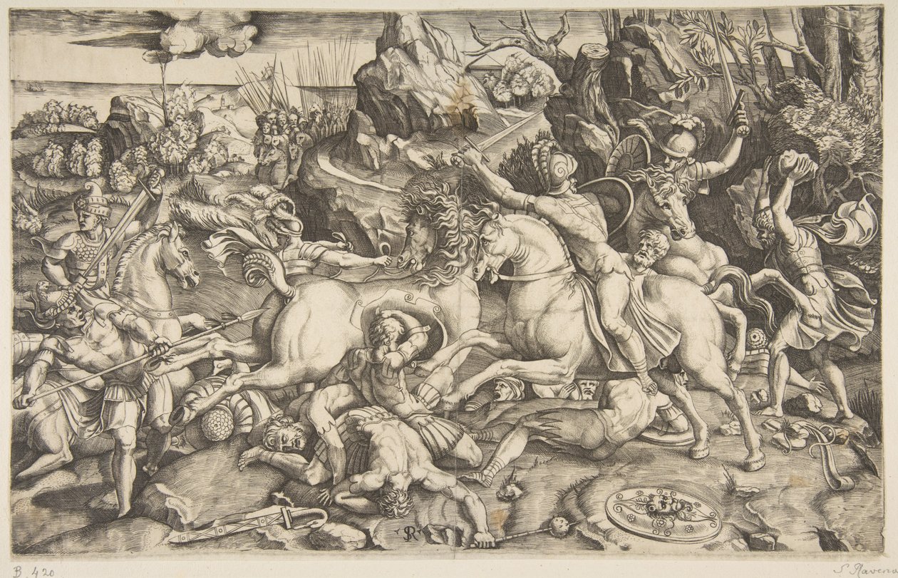 Kampscene i et landskap med soldater til hest og flere falne menn, en annen..., ca. 1520. av Marco Dente
