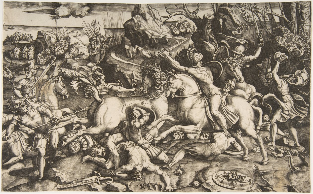 Kampscene i et landskap med soldater til hest og flere falne menn, en annen..., ca. 1520. av Marco Dente