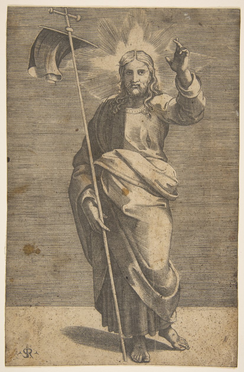 Kristus står vendt fremover, holder et kors med et banner og løfter venstre ..., ca. 1515-27. av Marco Dente