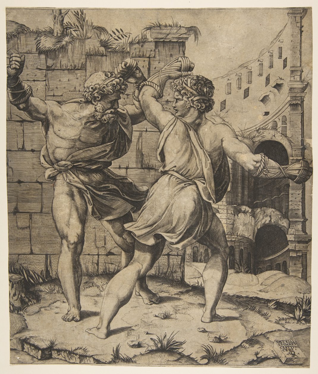 Entellus og Dares kjemper foran klassiske ruiner, 1520-25. av Marco Dente