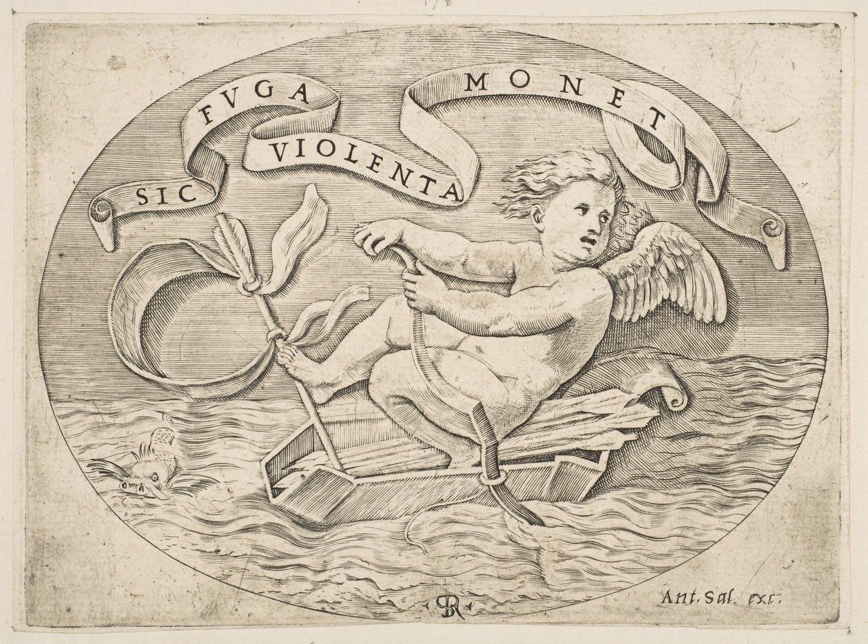 Eros Rømmer sjøveien, Amor bruker baugen for å drive en båt laget av koggeret hans..., ca. 1515-27. av Marco Dente