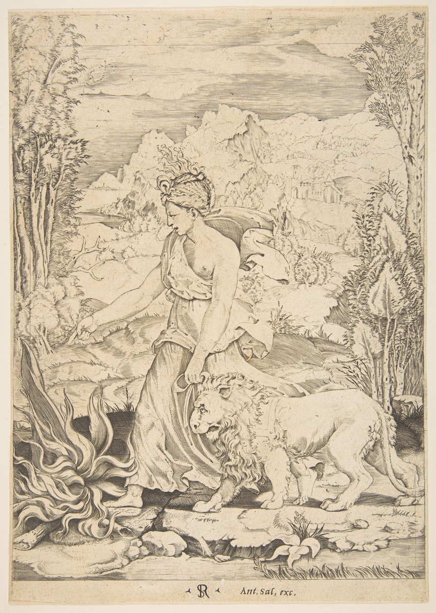 Motstand i profilvisning går mot et bål til venstre og leder en selet løe..., ca. 1515-27. av Marco Dente