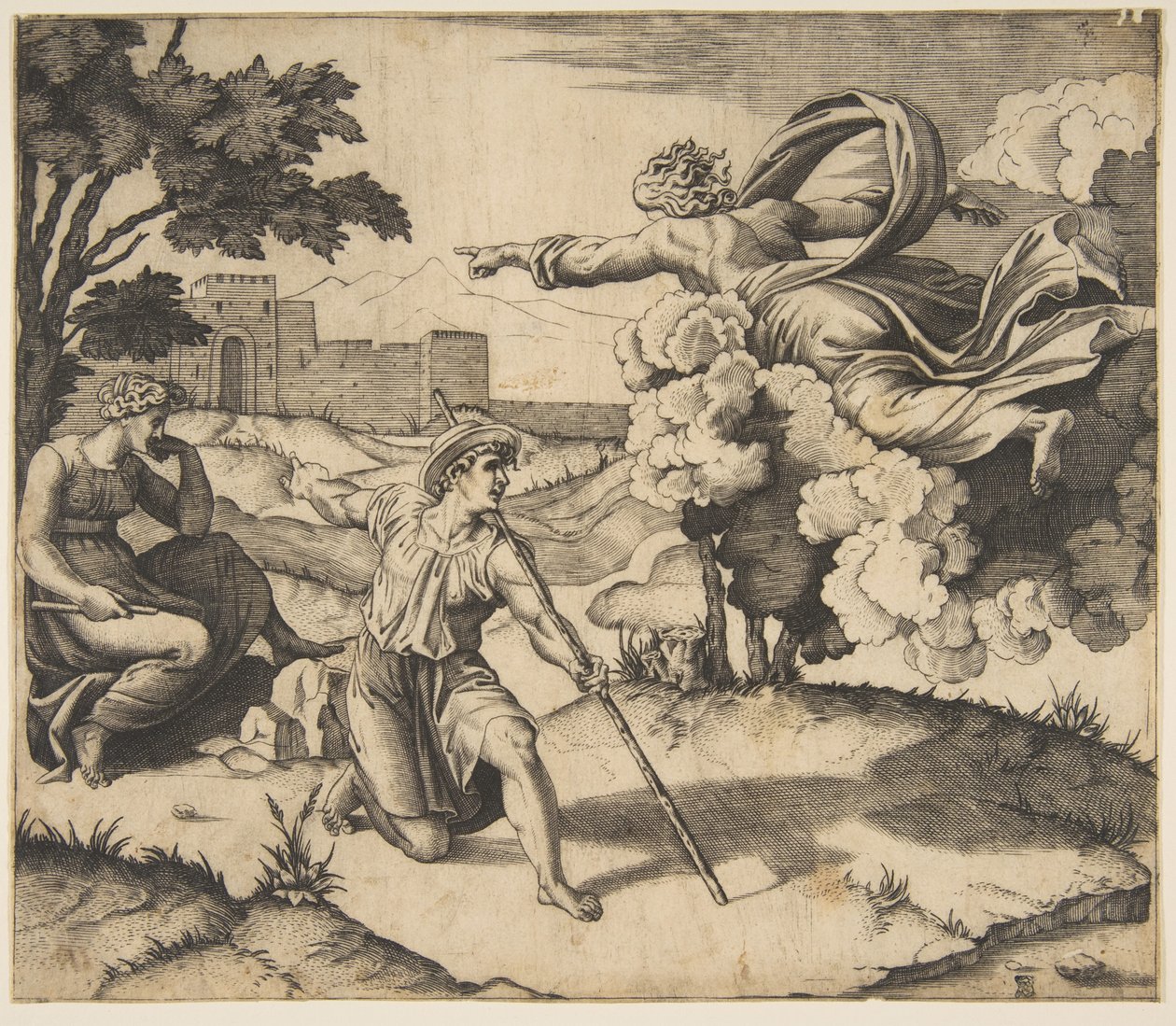 Gud viser seg for Isak, Gud som svever i skyer og peker mot Rebecca som sitter under..., ca. 1515-27. av Marco Dente
