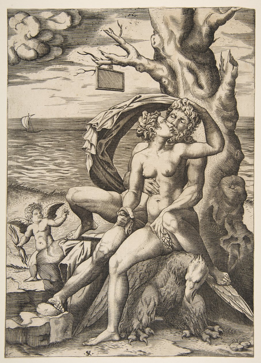 Jupiter og Semele omfavner seg, en ørn under dem, et tre til høyre med en blank t..., ca. 1515-27. av Marco Dente