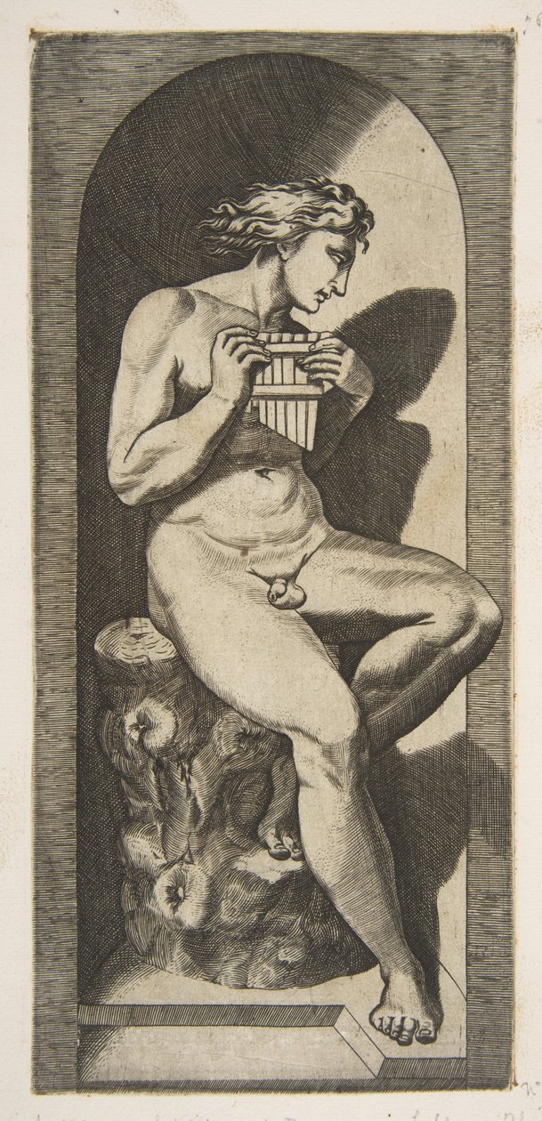 Olympus naken sittende på en trestubbe som holder rør, satt i en nisje, ca. 1515-27. av Marco Dente