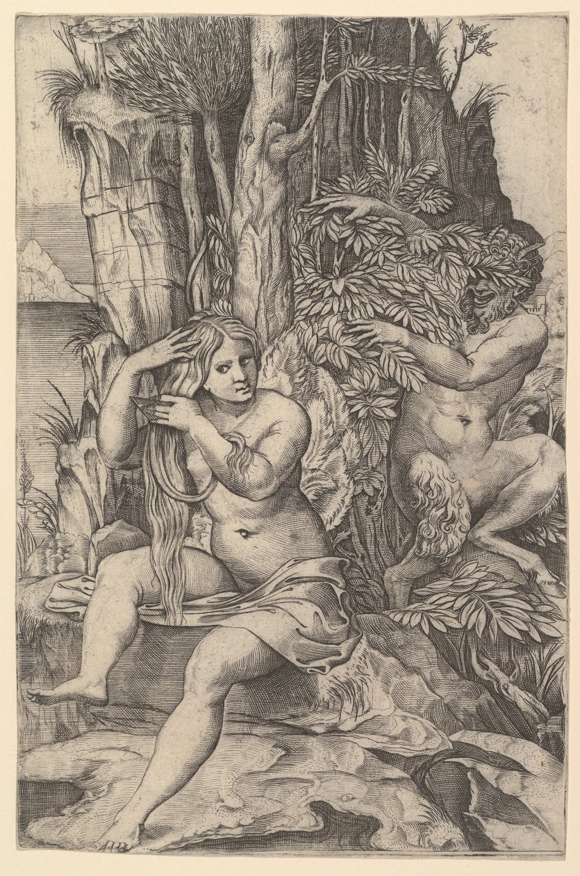 Pan spionerer på nymfen Syrinx som sitter på en stein og grer håret, ca. 1516-20. av Marco Dente
