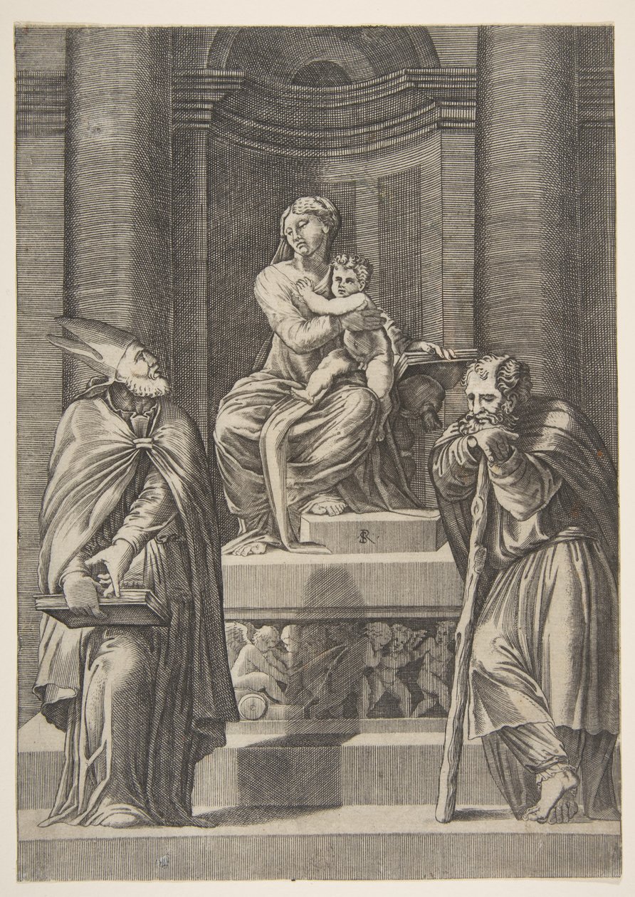Saint Joseph til venstre og en biskop til høyre stående foran Jomfruens alter ..., ca. 1515-27. av Marco Dente