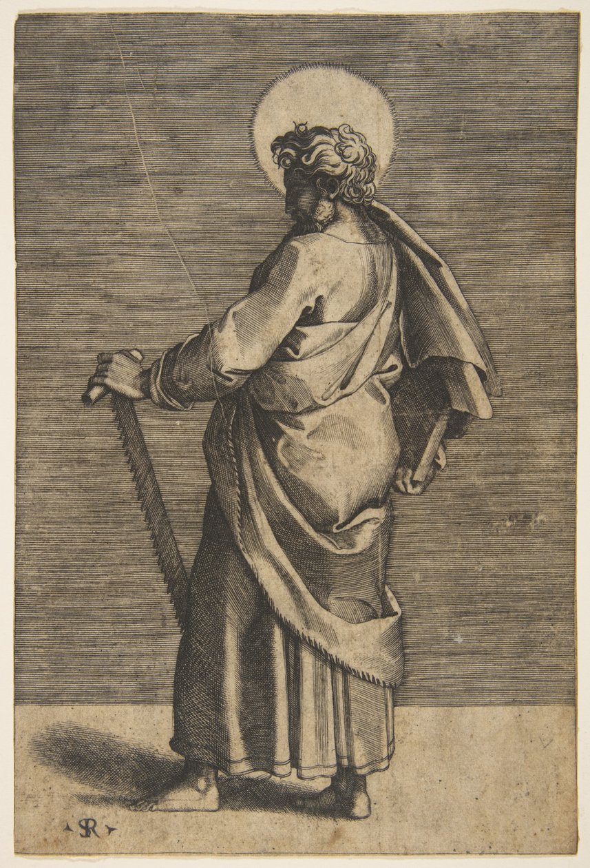 Saint Simon står vendt mot venstre, holder en sag og en bok, ca. 1515-27. av Marco Dente