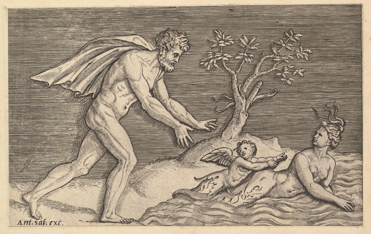 The Mirror of Roman Magnificence: Naken Man Pursuing a Naiad, ca. 1515-1527. av Marco Dente