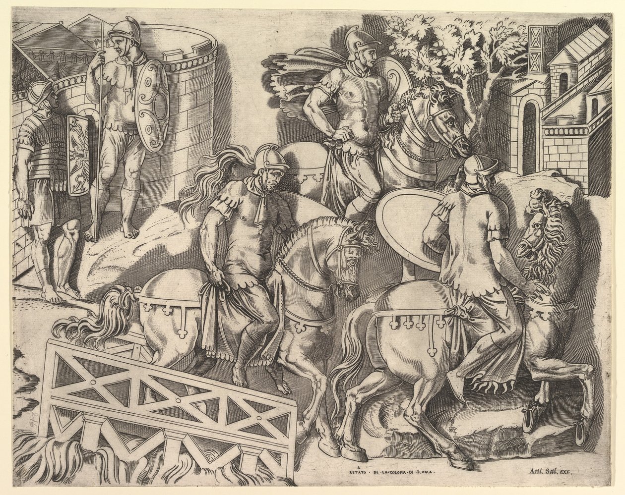 Mirror of Roman Magnificence: Romerske ryttere krysser en bro fra Trajans C..., 1500-tallet. av Marco Dente