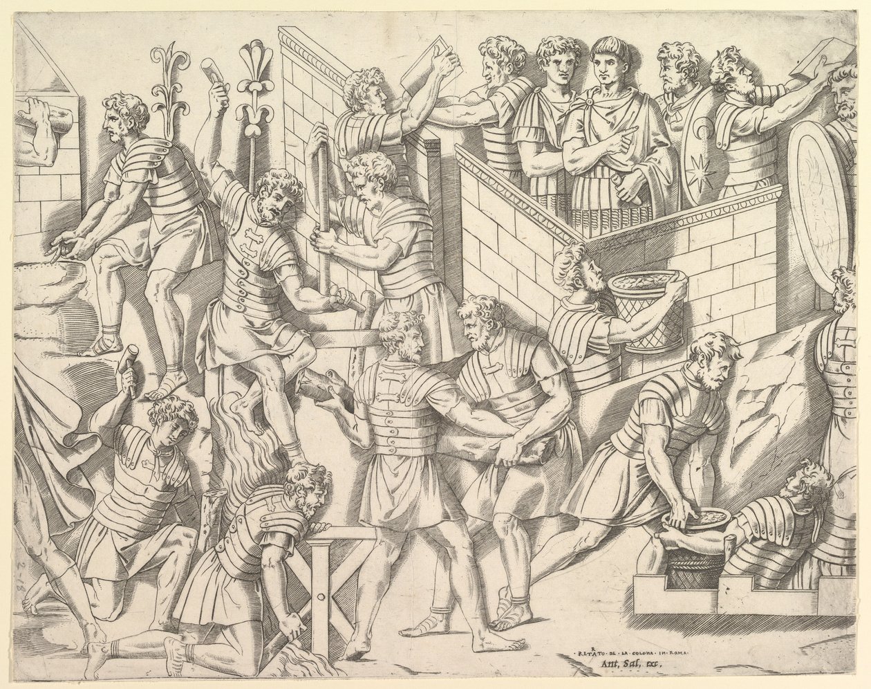 Romerske soldater forsterker leiren sin, fra Trajan..., 1500-tallet. av Marco Dente