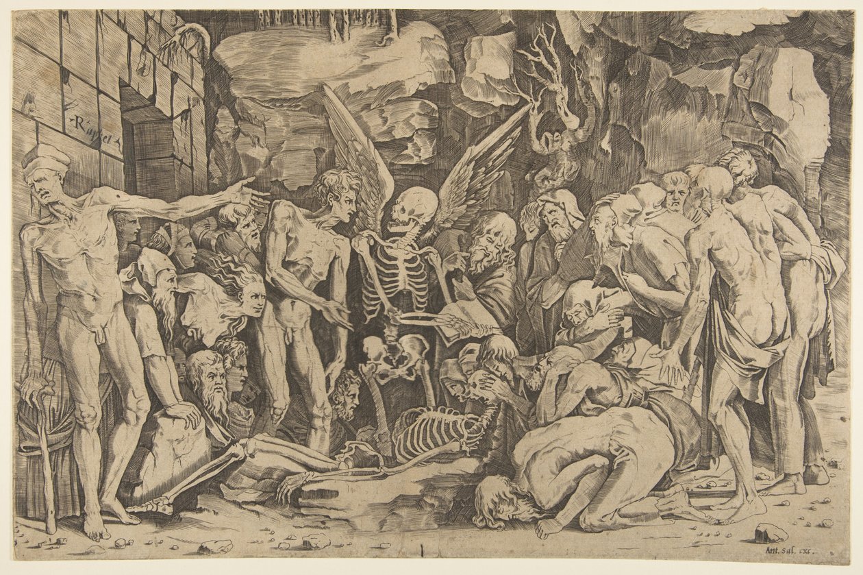 The Skeletons, en gruppe avmagrede menn og kvinner samlet rundt et skjelett lagt på ..., 1515-27. av Marco Dente