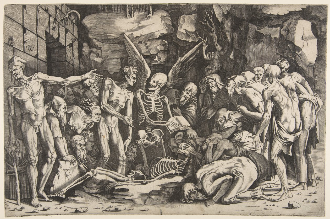 The Skeletons, en gruppe avmagrede menn og kvinner samlet rundt et skjelett lagt på ..., 1515-27. av Marco Dente