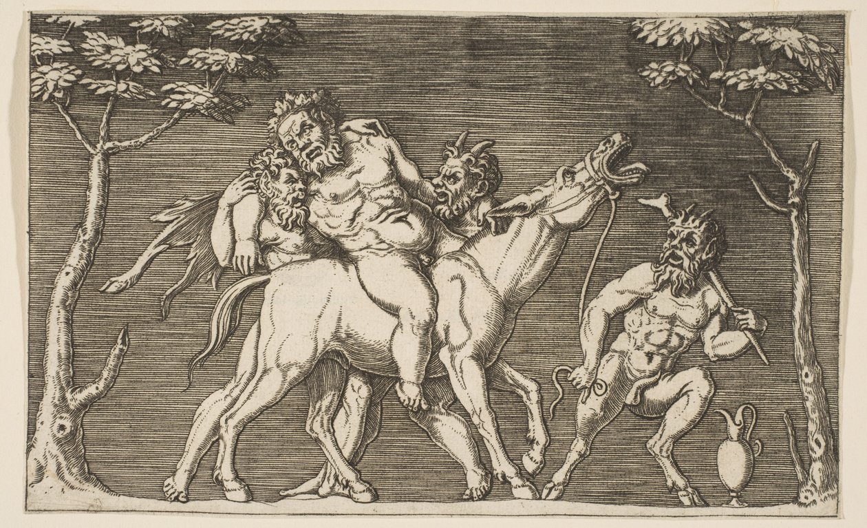 To satyrer som plasserer Silenus på et muldyr og en tredje satyr til høyre, ca. 1515-27. av Marco Dente