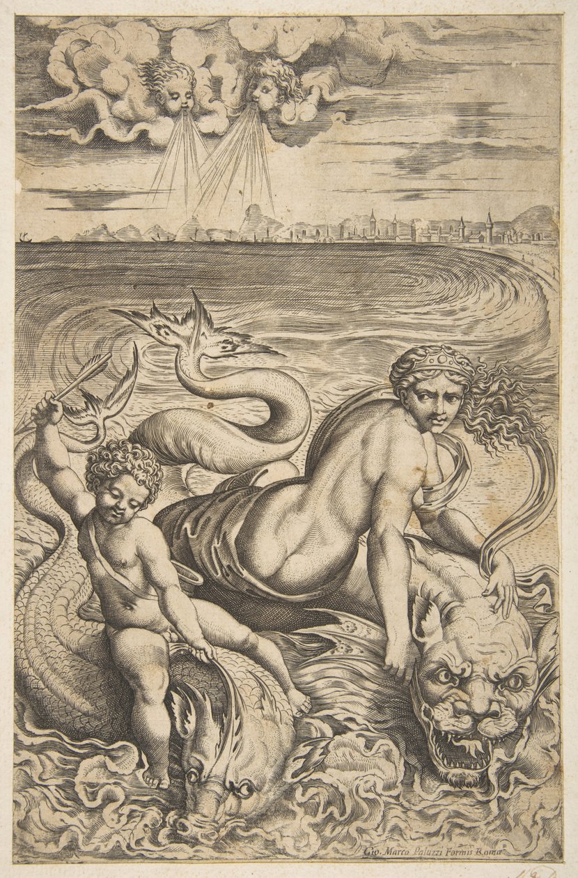 Venus og Amor rir på to sjømonstre, og Amor hever en pil i høyre hånd, t..., ca. 1515-27. av Marco Dente