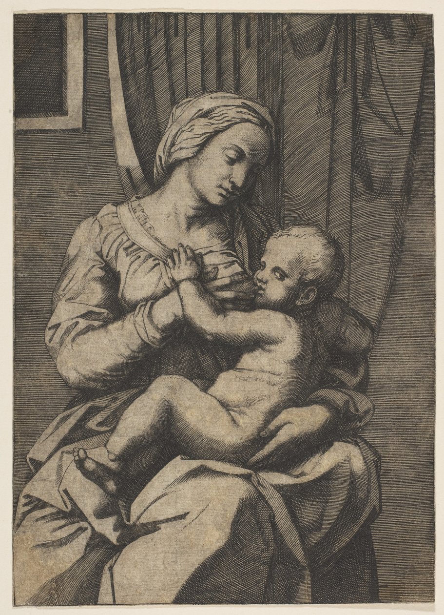 Jomfru som ammer spedbarnet Kristus på fanget, 1515-20. av Marco Dente