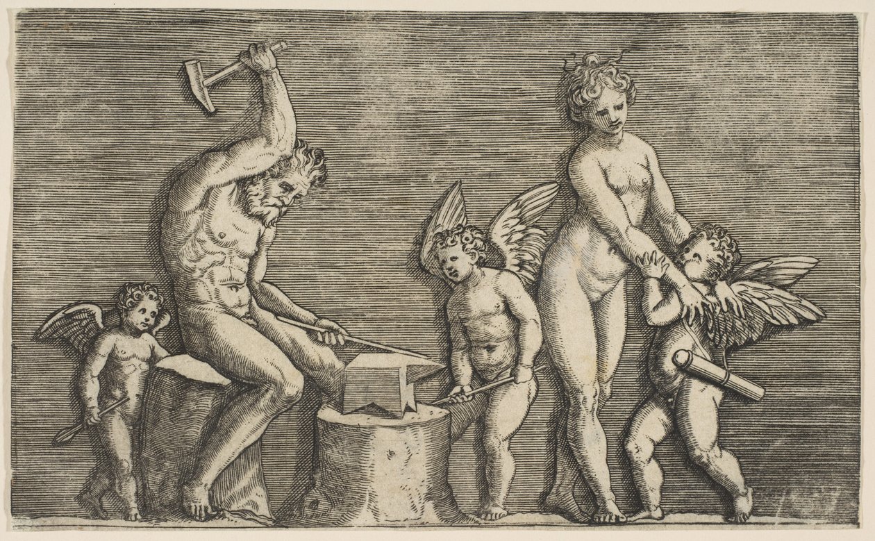 Vulcan sittende hamrende på en ambolt flankert av Venus og tre amoriner, ca. 1515-27. av Marco Dente