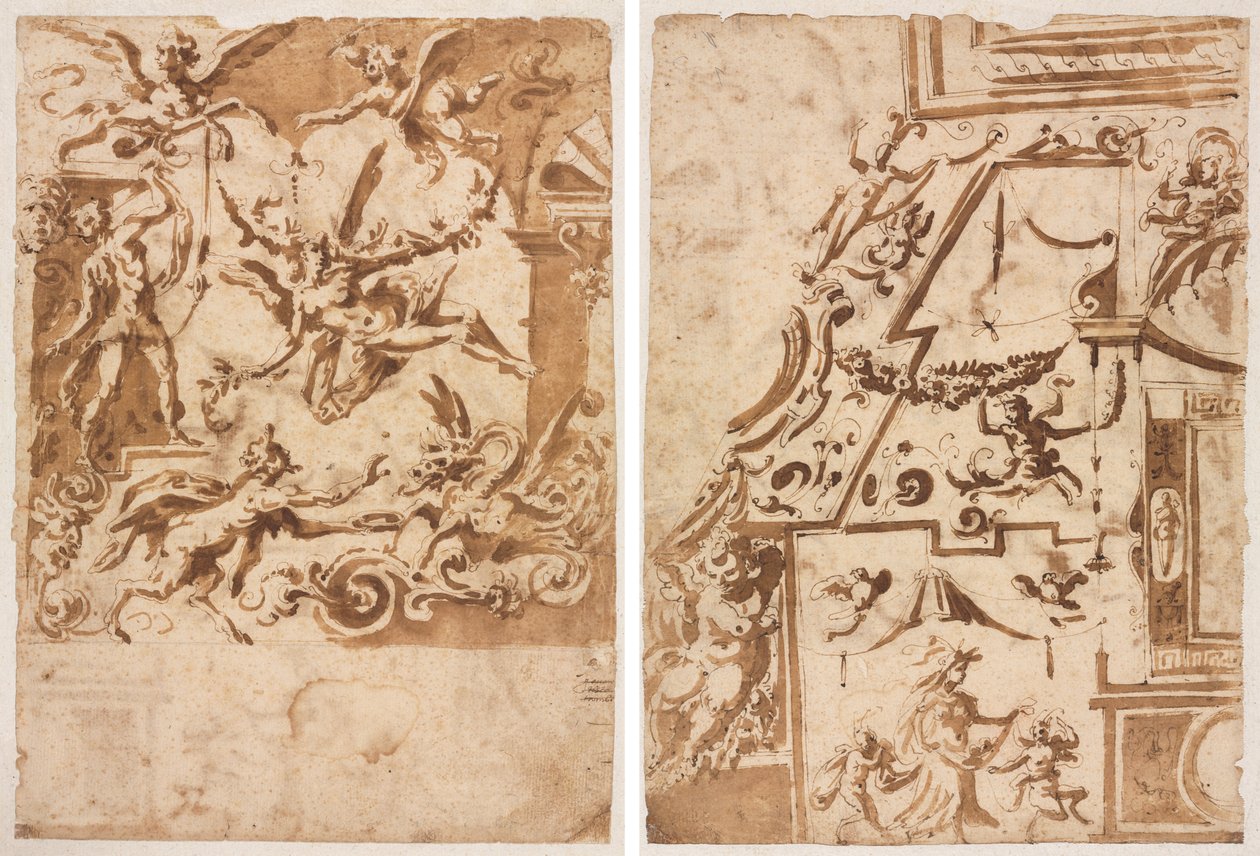 Grotesk med en Satyr som mater en drage (recto); Grotesk med en springende kentaur (verso) av Marco Marchetti