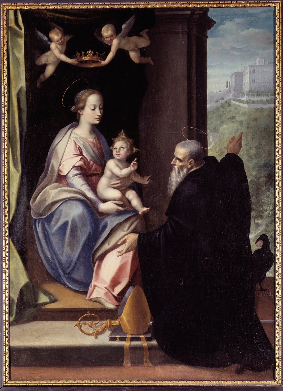 Den hellige Benedikt forplikter klosteret Montecassino til Jesus og Maria Maleri av Marco Mazzaroppi av Marco Mazzaroppi