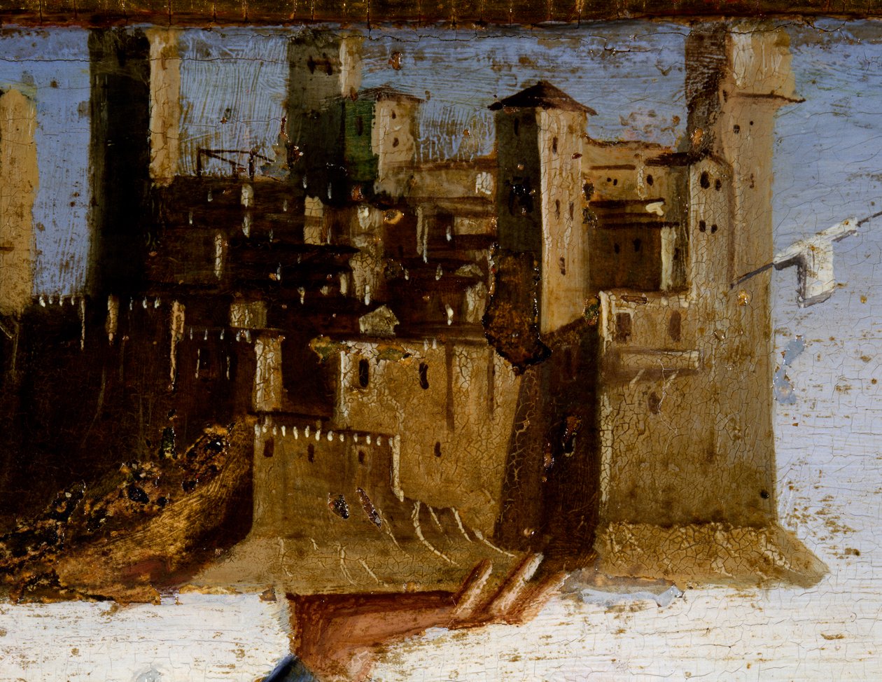Tronet Madonna og helgener, detalj av predella av St Adrian av Marco Palmezzano (ca 1460-1539), St Francis Church, Matelica, Marche, Italia, detalj av Marco Palmezzano