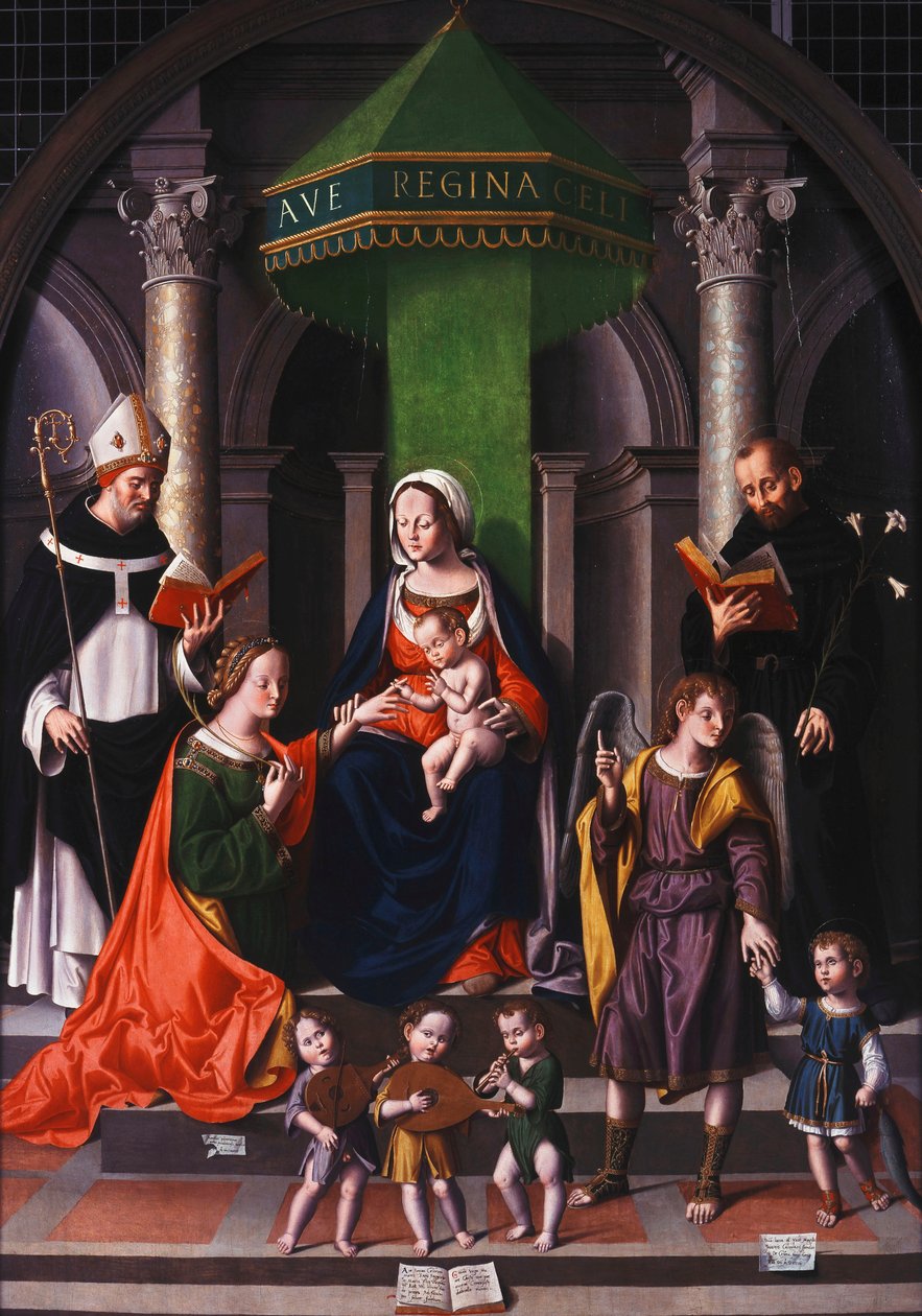 The Mystic Marraige of Saint Catherine med erkeengelen Rafael og Tobias, av Marco Palmezzano