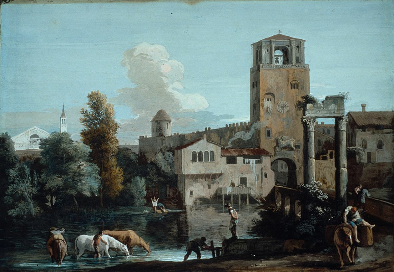 En Capriccio med hester som vanner i en elv utenfor en bymur av Marco Ricci