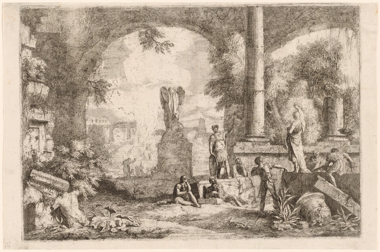 Capriccio av antikke ruiner med menn som stirrer på en klassisk taler av Marco Ricci