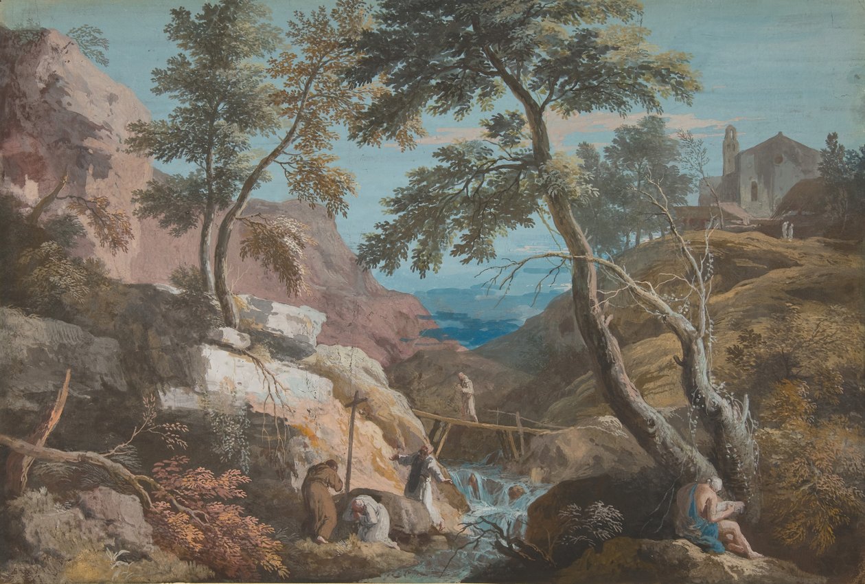 Fjelllandskap med eremitter, ca. 1700-1730. av Marco Ricci