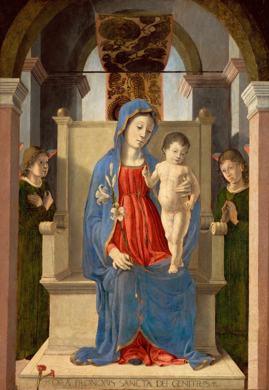 Jomfruen med en lilje (med barnet Jesus på en trone, omgitt av to engler) - Jomfru med en lilje, av Zoppo, Marco (1433-1478). Tempera og olje på tre av Marco Zoppo
