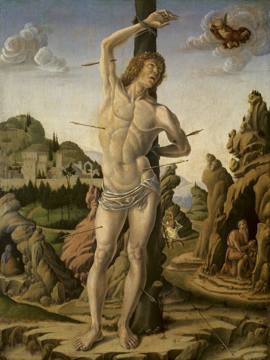 Saint Sebastian i et steinete landskap med de hellige Jerome, Anthony Abbot og Christopher, ca. 1475-78 av Marco Zoppo