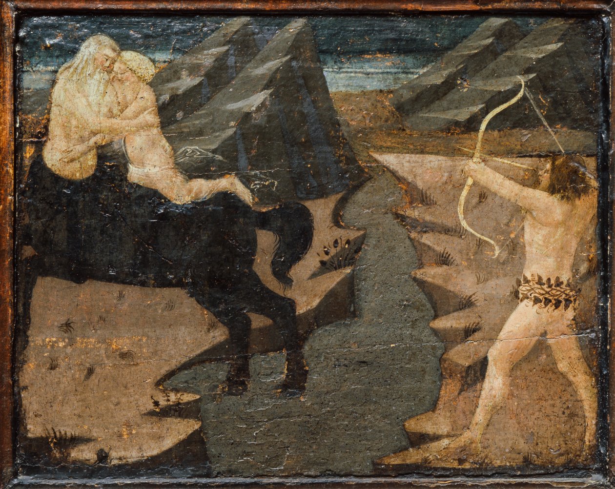 Cassone med kampscene og scener fra Herkules#39; arbeid, Firenze, Italia, ca. 1460 (tempera, gesso og tre) av Marco del Buono Giamberti