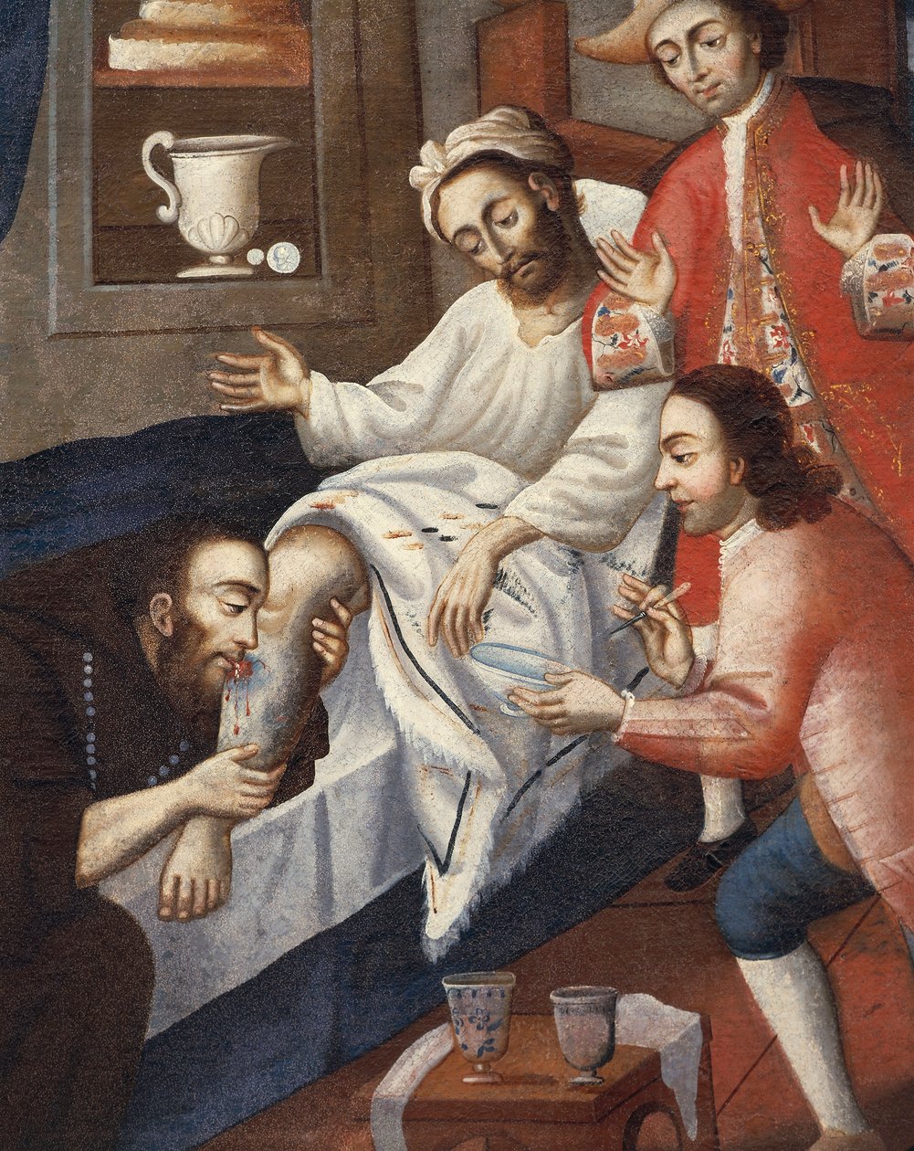 Religiøse menn som behandler en pasient ved St. Andrew Hospital, Cuzco (olje på lerret) av Marcos Zapata
