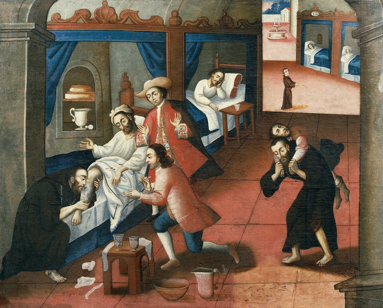 Religiøse menn som behandler en pasient ved St. Andrew Hospital, Cuzco (olje på lerret) av Marcos Zapata