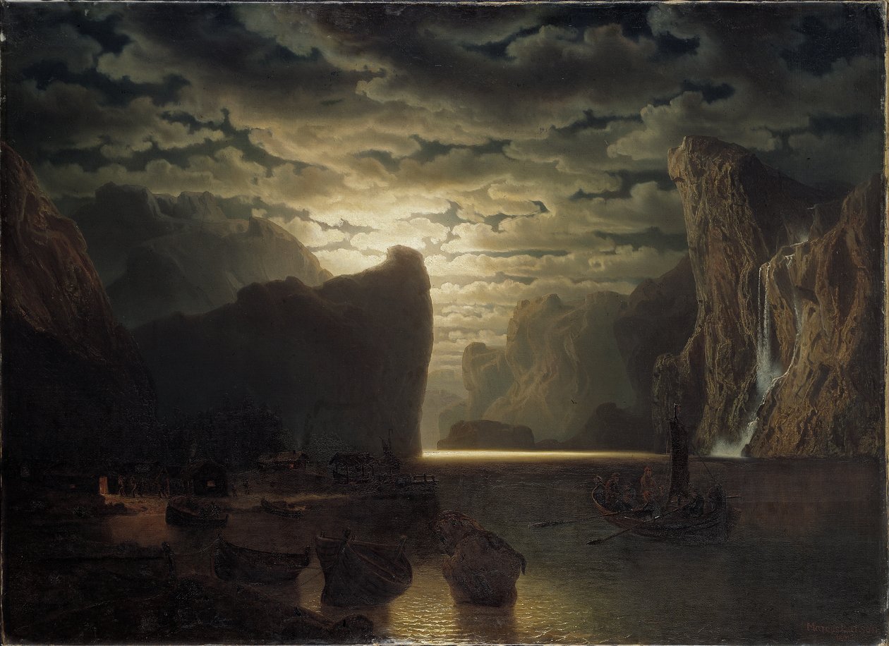 Norsk fjord i måneskinn, 1861 av Marcus Larson