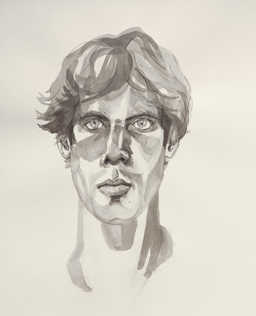 Selvportrett, 2000 (penn, blekk og akvarell) av Marcus Morrell