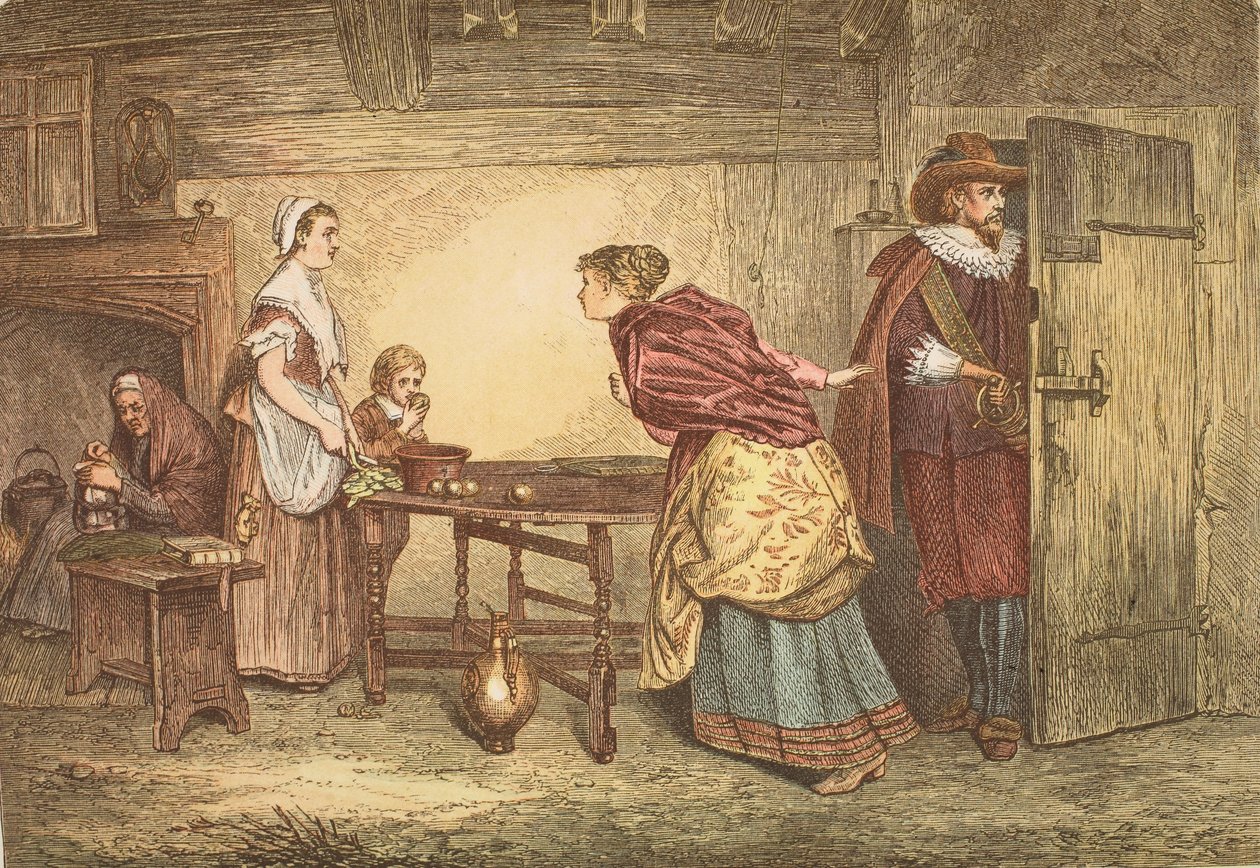 Royalister som søker tilflukt i huset til en puritaner, gravert av J.D. Cooper av Marcus Stone