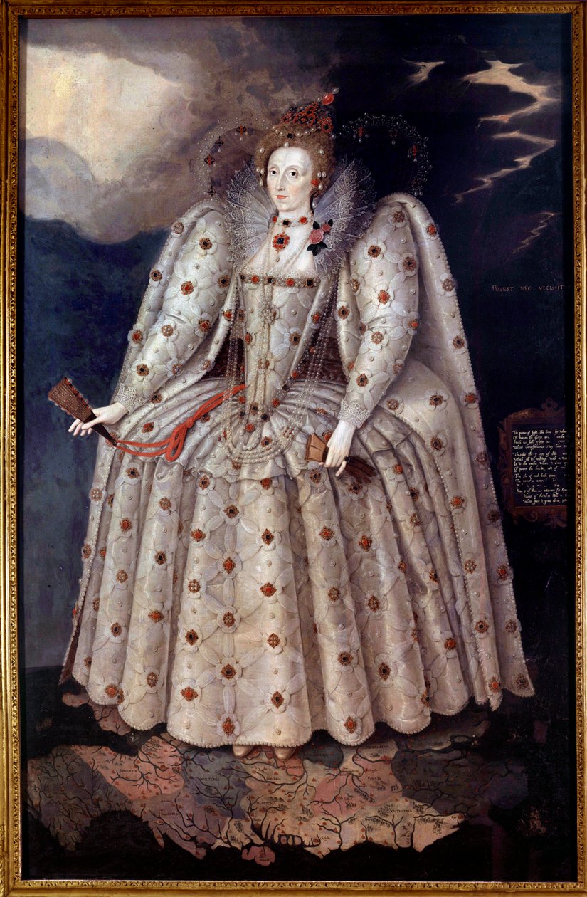 Fotportrett av dronning Elisabeth (Elizabeth) Iere av England Maleri av Marcus Gheeraerts (Gerards eller Geerards) den unge (1561-1635) Rundt 1592 Søn. 2,41x1,52 m London, National Portrait Gallery av Marcus Gheeraerts