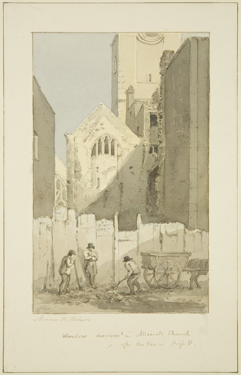 Discovery of East Window of All Saints' bak High Street (etter brannen) (blyant og akvarell på papir) av Marcus H. Homes