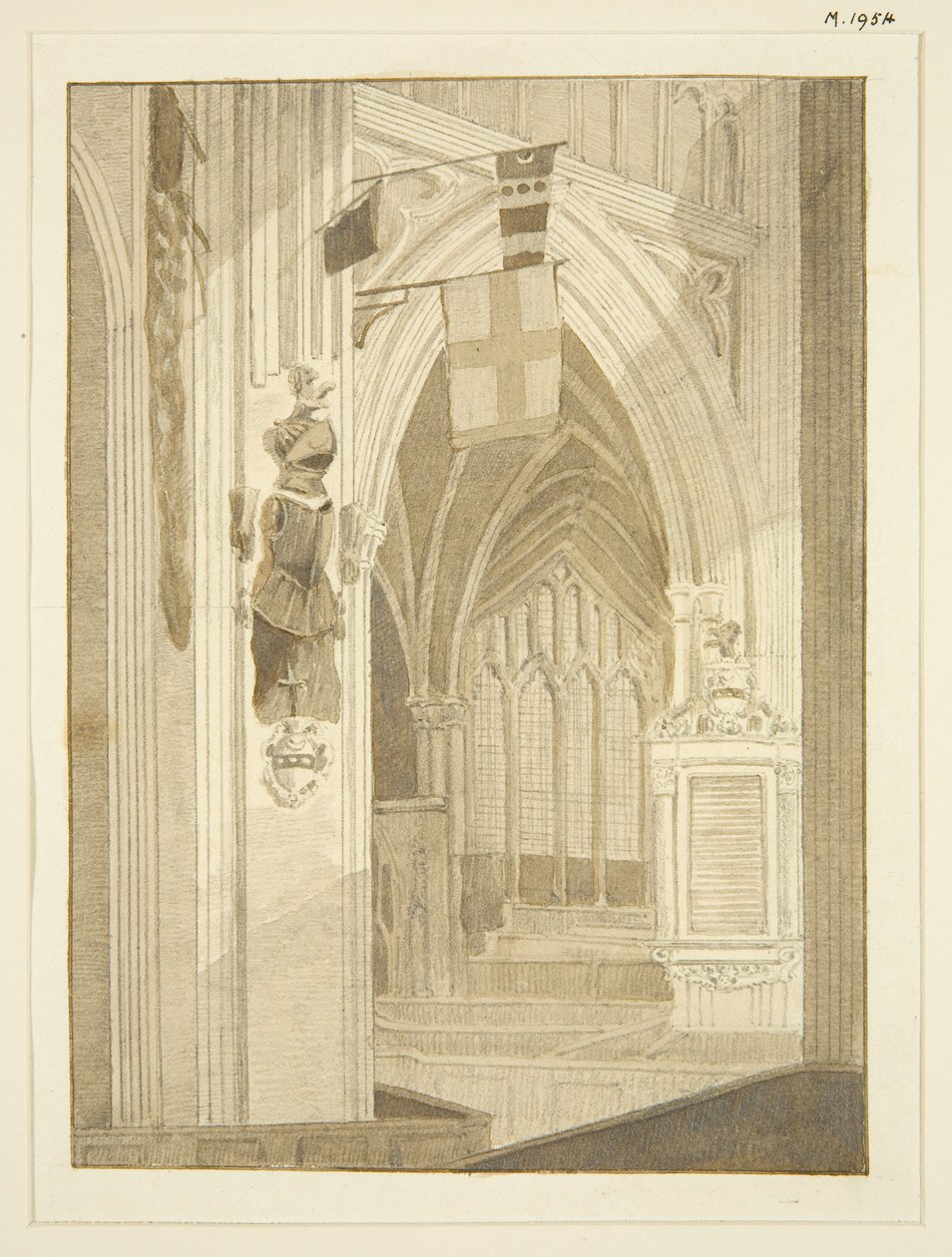 Penns Monument, bannere, etc., i St Mary Redcliffe (blyant og akvarell på papir) av Marcus H. Homes