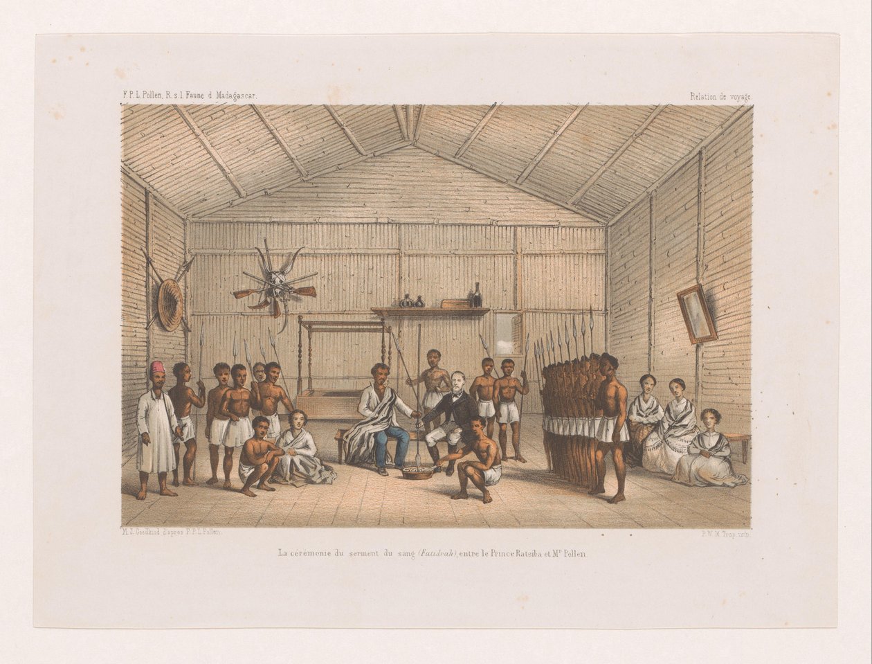 Besøk til prins Ratsiba og blodseremoni La cérémonie du serment du sang (Fatidrah), entre le Prince Ratsiba et Mr. Pollen (tittel på objekt) Reise til François PL Pollen til Madagaskar (serietittel) FPL Pollen R. sl Faune d. Madagaskar (s av Marcus Jacob Goedkind